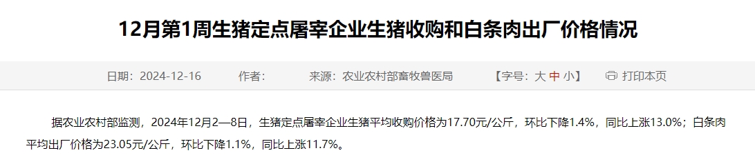 农业农村部：生猪收购价和白条肉出厂价再度转跌，且跌至近6个月最低——12月第1周生猪定点屠宰企业生猪收购和白条肉出厂价格情况