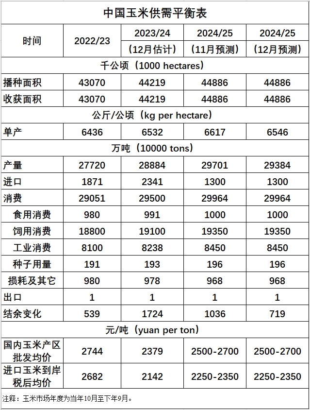 2024年12月中国玉米供需形势分析