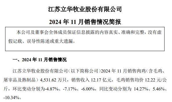 温氏、立华、德康和湘佳2024年11月及前11月肉鸡销售情况