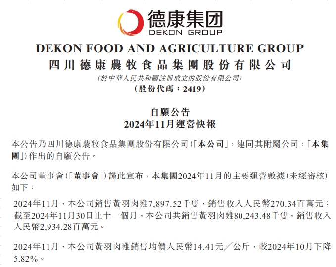 温氏、立华、德康和湘佳2024年11月及前11月肉鸡销售情况