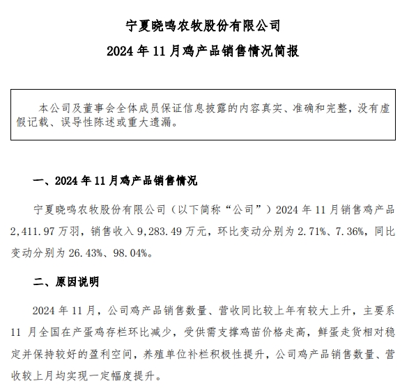 益生、民和和晓鸣2024年11月及前11月鸡苗销售情况