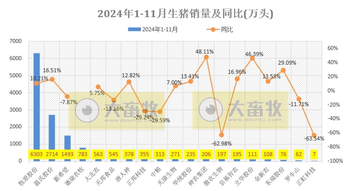 3家头部企业前11月销量已超1亿头——19家上市猪企2024年11月生猪销售业绩和生产指标PK