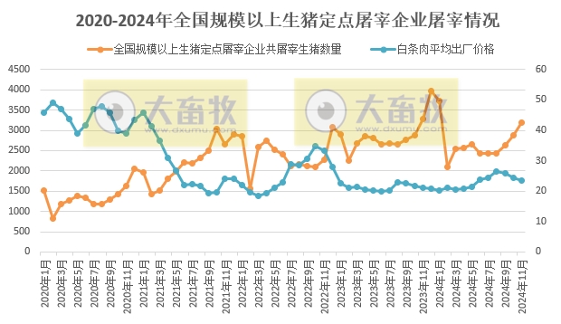 2024年11月全国规模以上生猪定点屠宰企业的屠宰量和价格情况——量升价跌