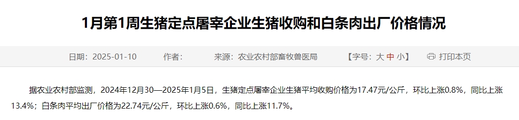 农业农村部：生猪收购价和白条肉出厂价环比结束连续4周的下跌后上涨，同比涨幅扩大——1月第1周生猪定点屠宰企业生猪收购和白条肉出厂价格情况