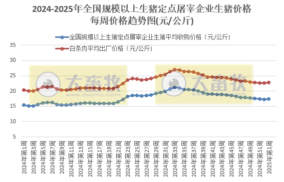 农业农村部：生猪收购价和白条肉出厂价环比结束连续4周的下跌后上涨，同比涨幅扩大——1月第1周生猪定点屠宰企业生猪收购和白条肉出厂价格情况