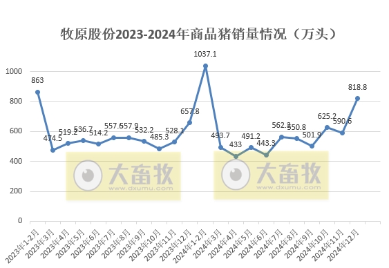 牧原股份2024年12月及年度生猪销售情况——单月销量突破800万头,年度销量突破7000万头,能繁母猪存栏超350万头等多项业绩出现突破