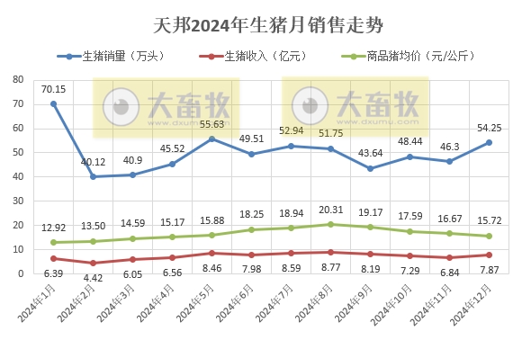 天邦食品2024年12月及年度生猪销售情况——年度销量约600万头，同比减少16%