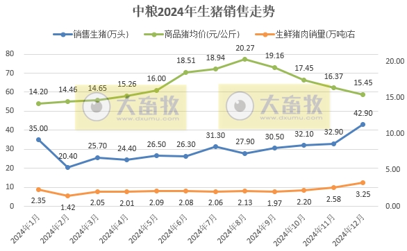 中粮家佳康2024年12月及年度生猪销售情况——年度出栏量减少30%