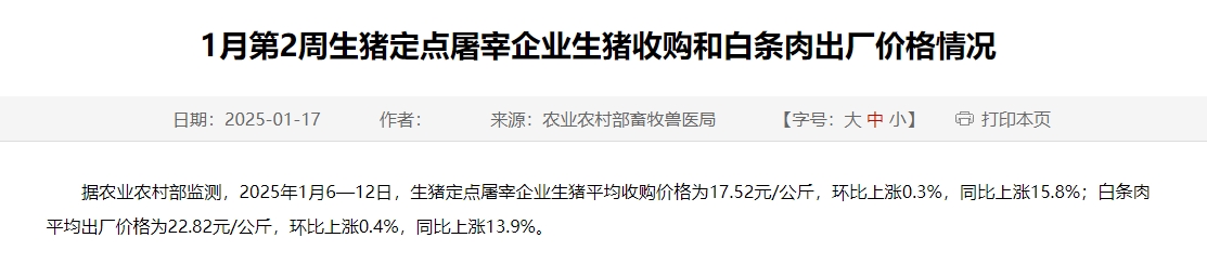 农业农村部:生猪收购价和白条肉出厂价环比上涨,涨幅收窄,同比涨幅扩大——1月第2周生猪定点屠宰企业生猪收购和白条肉出厂价格情况