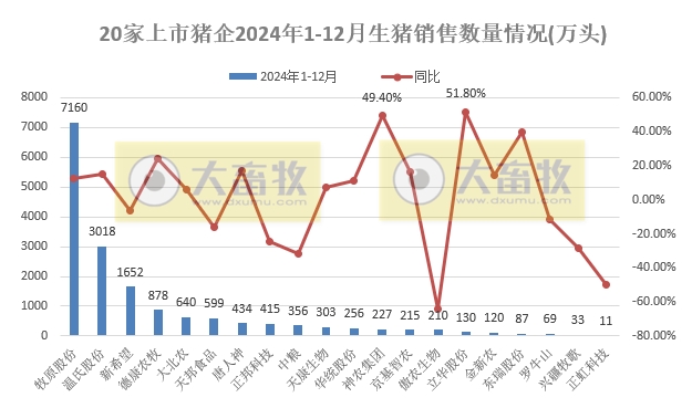 20家上市猪企2024年12月及年度生猪销售业绩和生产指标PK