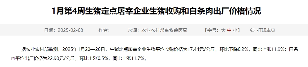 农业农村部：生猪收购价和白条肉出厂价出现涨跌分化，同比继续上涨，涨幅收窄——1月第4周生猪定点屠宰企业生猪收购和白条肉出厂价格情况