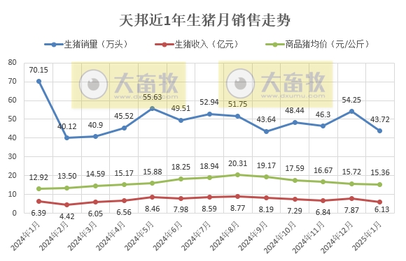 新希望、大北农和天邦2025年1月生猪销售情况
