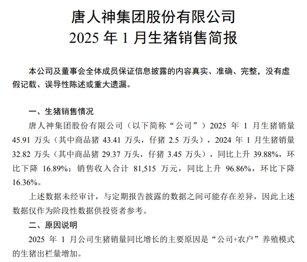 正邦、唐人神和中粮2025年1月生猪销售情况
