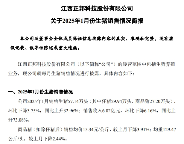 正邦、唐人神和中粮2025年1月生猪销售情况