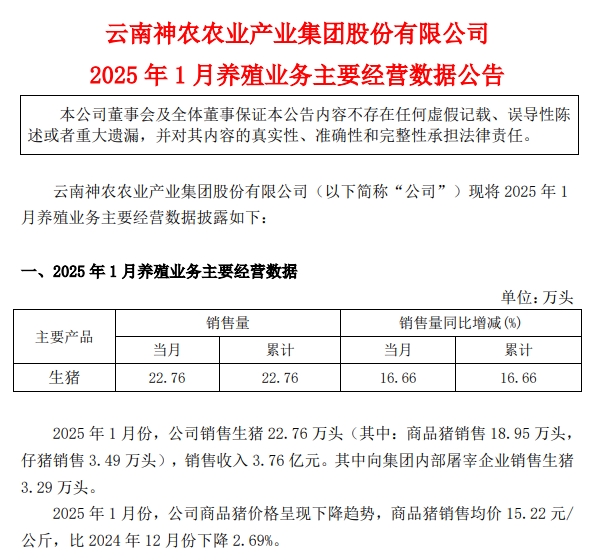 神农、立华和傲农2025年1月生猪生产销售情况