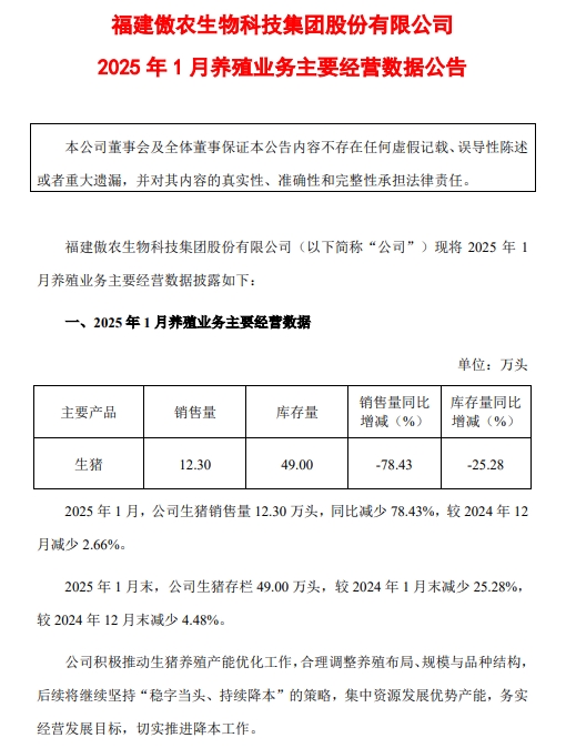 神农、立华和傲农2025年1月生猪生产销售情况