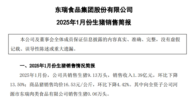 京基、金新农和东瑞2025年1月生猪销售情况