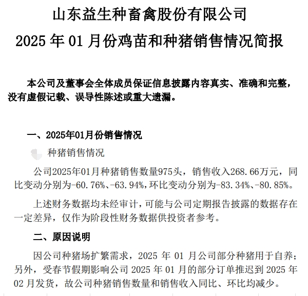 罗牛山、兴疆牧歌、正虹和益生2025年1月生猪销售情况