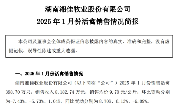 温氏、立华、德康和湘佳2025年1月肉鸡销售情况