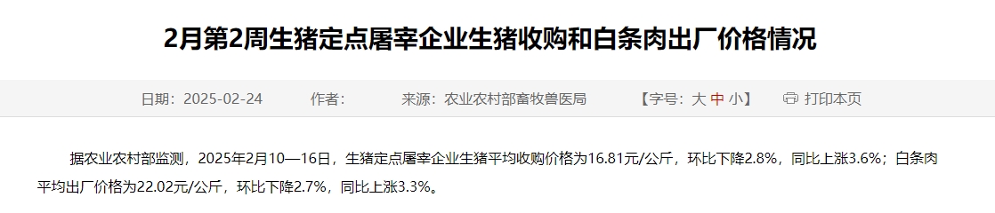 农业农村部：生猪收购价和白条肉出厂价环比下跌，跌幅扩大，同比涨幅继续收窄——2月第2周生猪定点屠宰企业生猪收购和白条肉出厂价格情况
