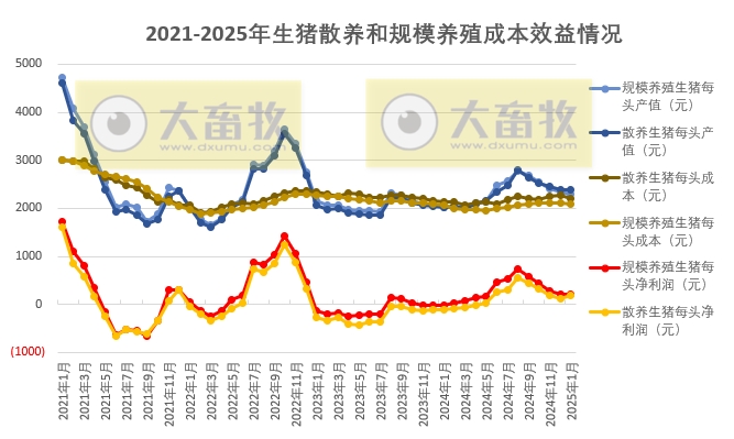 2025年1月全国散养和规模养殖生猪成本收益情况