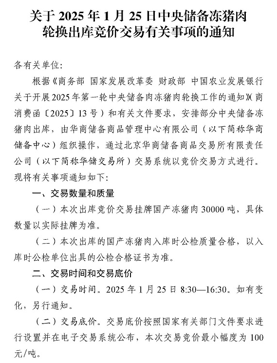 2025年1-2月中央储备冻猪肉的收储和投放情况