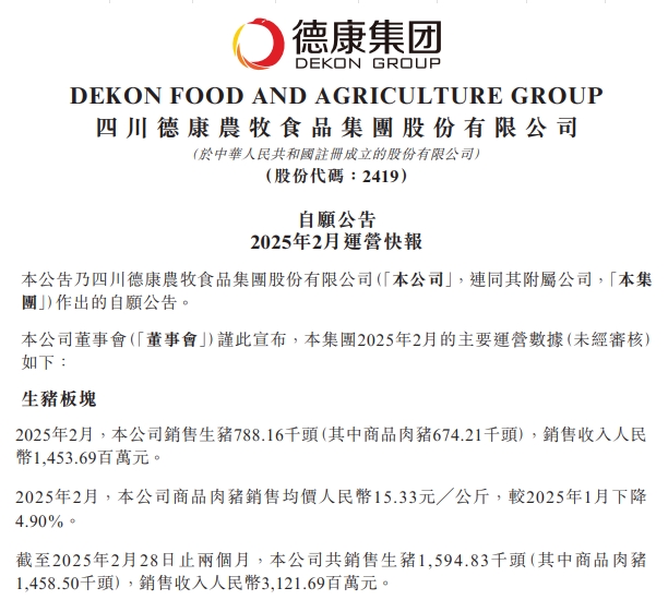 新希望、德康、大北农和正邦2025年1-2月生猪销售情况