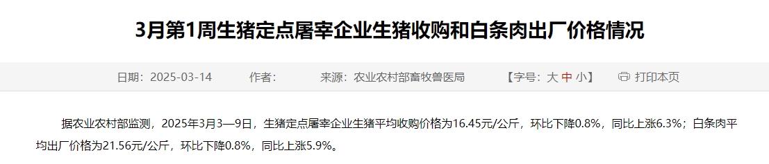 农业农村部:生猪收购价和白条肉出厂价连续5周环比下跌,跌至近9个多月最低价——3月第1周生猪定点屠宰企业生猪收购和白条肉出厂价格情况