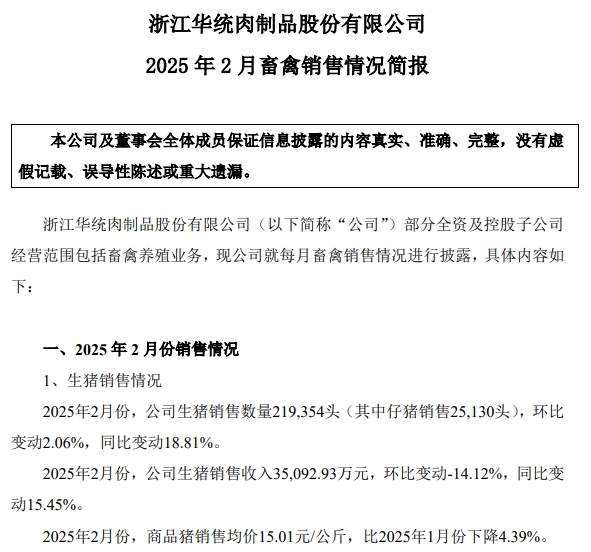 神农、华统、立华和京基2025年1-2月生猪销售情况