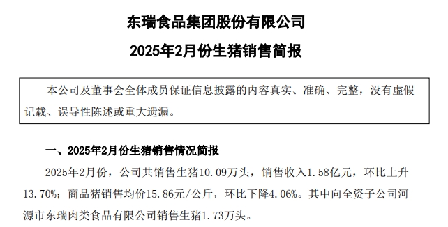 傲农、金新农、东瑞和罗牛山2025年1-2月生猪销售情况