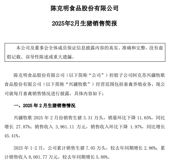 兴疆牧歌、正虹和益生2025年1-2月生猪销售情况