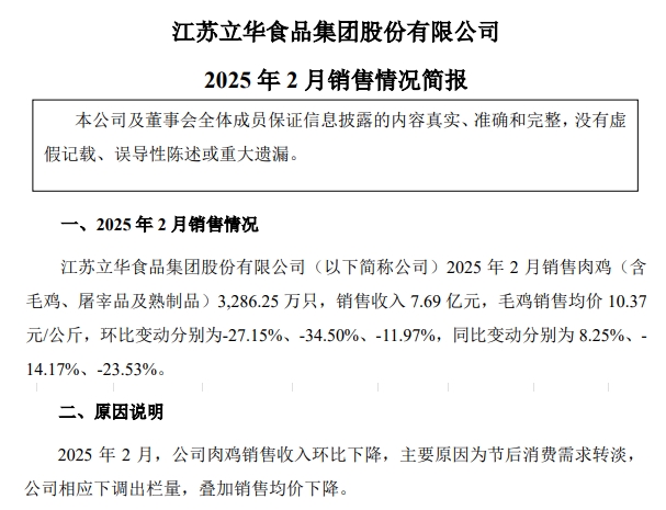温氏、立华、德康和湘佳2025年1-2月肉鸡销售情况