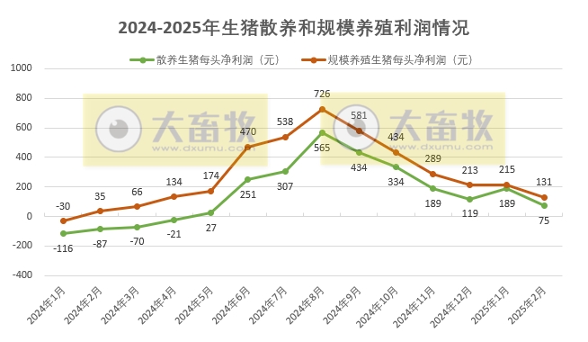 2025年2月全国散养和规模养殖生猪成本收益情况