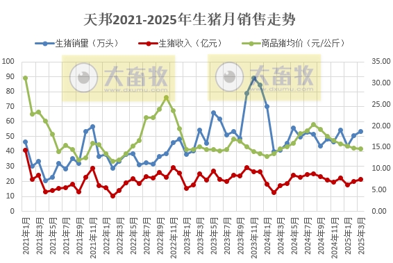 天邦食品2025年3月及1季度生猪销售情况
