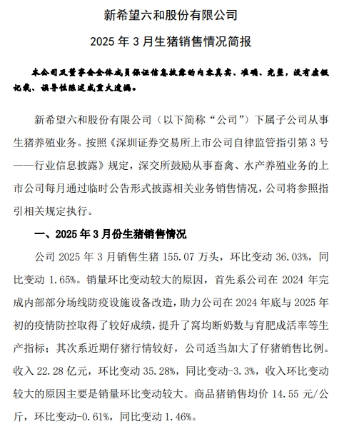 新希望:3月生猪销量大幅增长,1季度净利扭亏为盈——2025年3月及1季度生猪销售及业绩情况
