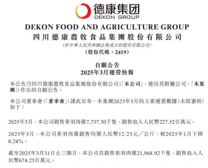 温氏、立华、德康和湘佳2025年3月及1季度肉鸡销售情况