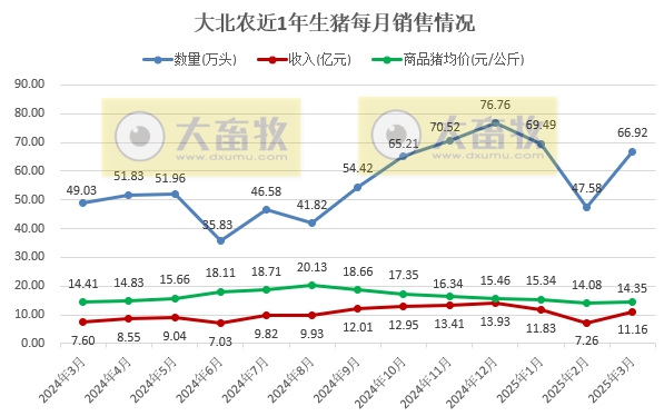 大北农2025年3月及1季度生猪销售情况