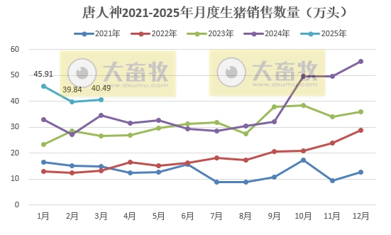 唐人神2025年3月及1季度生猪销售情况