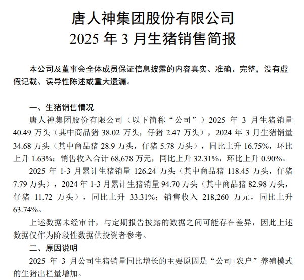 唐人神2025年3月及1季度生猪销售情况