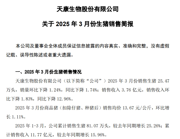 天康生物2025年3月及1季度生猪销售情况