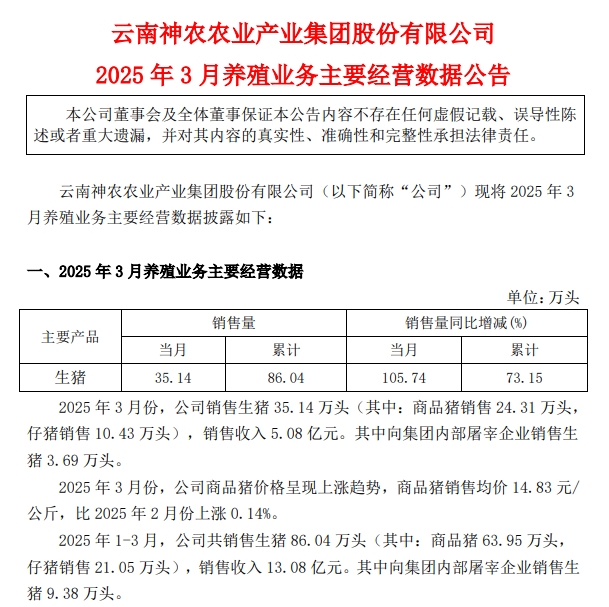 神农集团2025年3月及1季度生猪生产销售情况——3月销量和收入均创历史新高