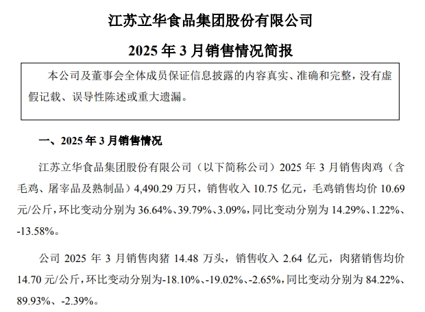 温氏、立华、德康和湘佳2025年3月及1季度肉鸡销售情况