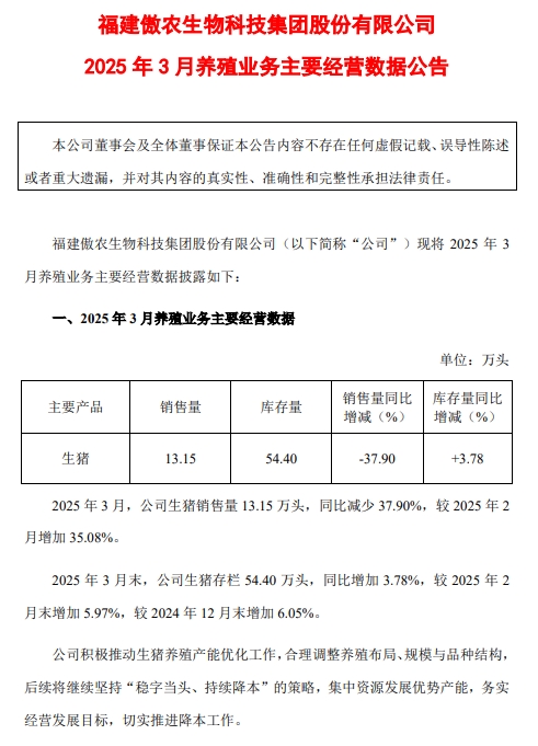 傲农生物2025年3月及1季度生猪销售及业绩情况——生猪销量和存栏量出现增长，预计1季度扭亏为盈