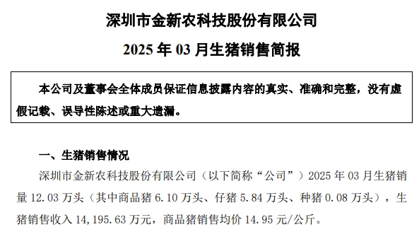 巨星、京基和金新农2025年3月及1季度生猪销售情况