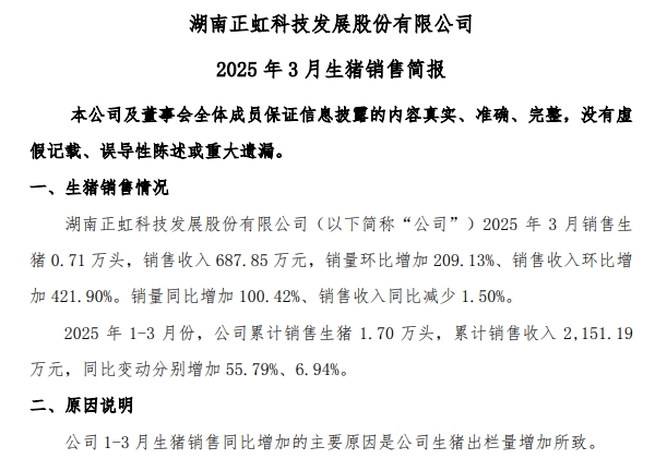 东瑞、罗牛山、兴疆牧歌和正虹2025年3月及1季度生猪销售情况