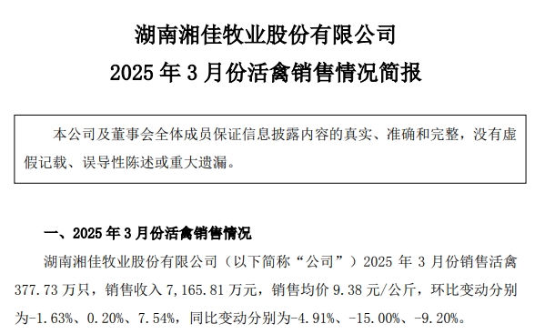温氏、立华、德康和湘佳2025年3月及1季度肉鸡销售情况