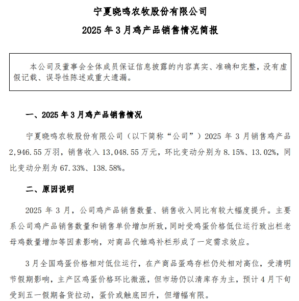 益生、民和和晓鸣2025年3月及1季度鸡苗销售情况