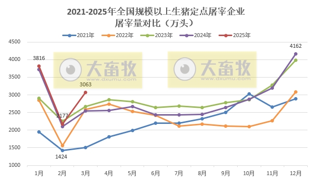 2025年3月及1季度全国规模以上生猪定点屠宰企业的屠宰量情况