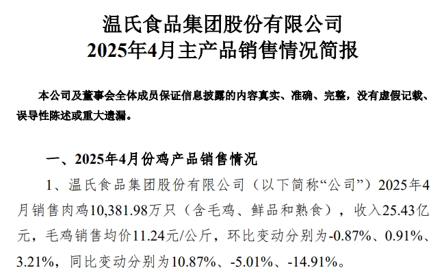 温氏股份2025年4月及前4月肉猪和肉鸡销售情况