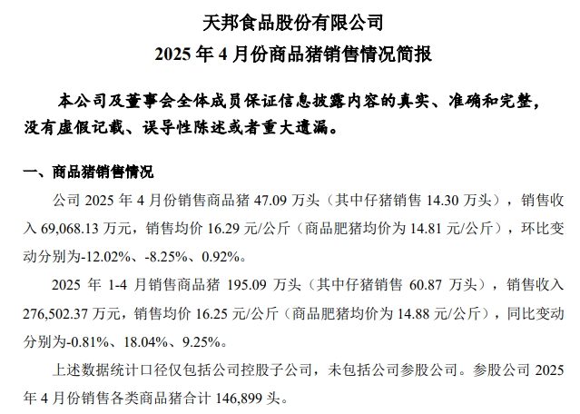 新希望、德康和天邦2025年4月及前4月生猪销售情况